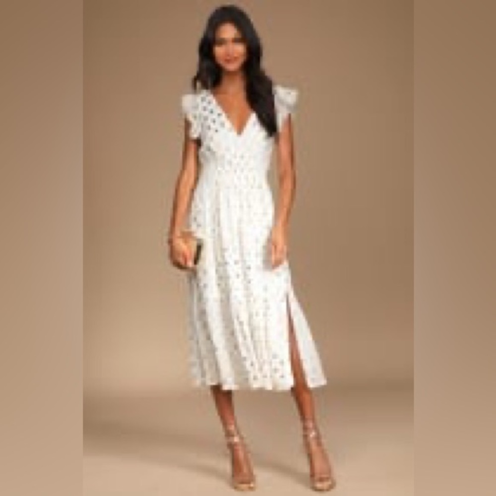 Lulu’s Cause to Celebrate White & Gold Dot Ruffled Tiered MIDI Dress Size M